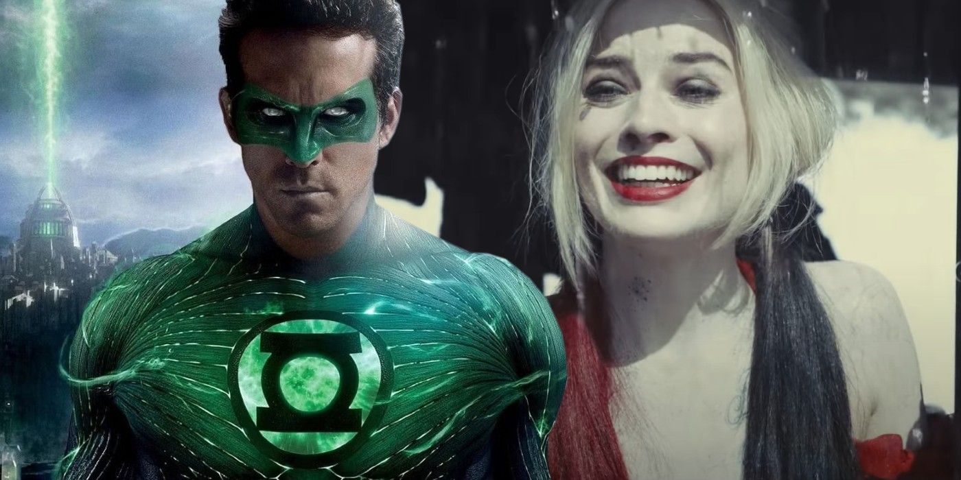 A split image of Ryan Reynolds as Green Lantern and Margo Robbie as Harkey Quinn in DC movies