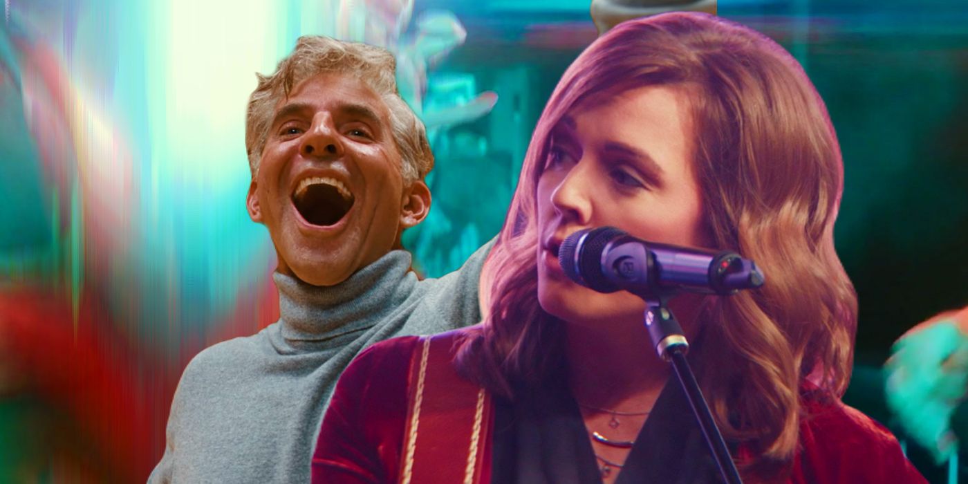 Bradley Cooper looking happy in Maestro and Brandi Carlile singing in A Star is Born