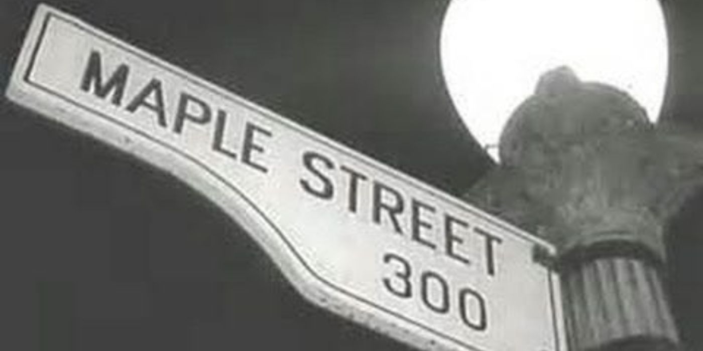 A street sign that says Maple Street from The Twilight Zone