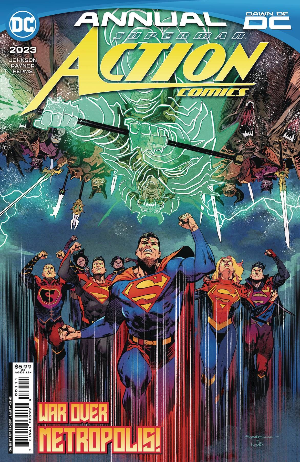 Action Comics Annual 2023 1 Main Cover: Costumed superheroes from the Superman Family attack a glowing green armed force.