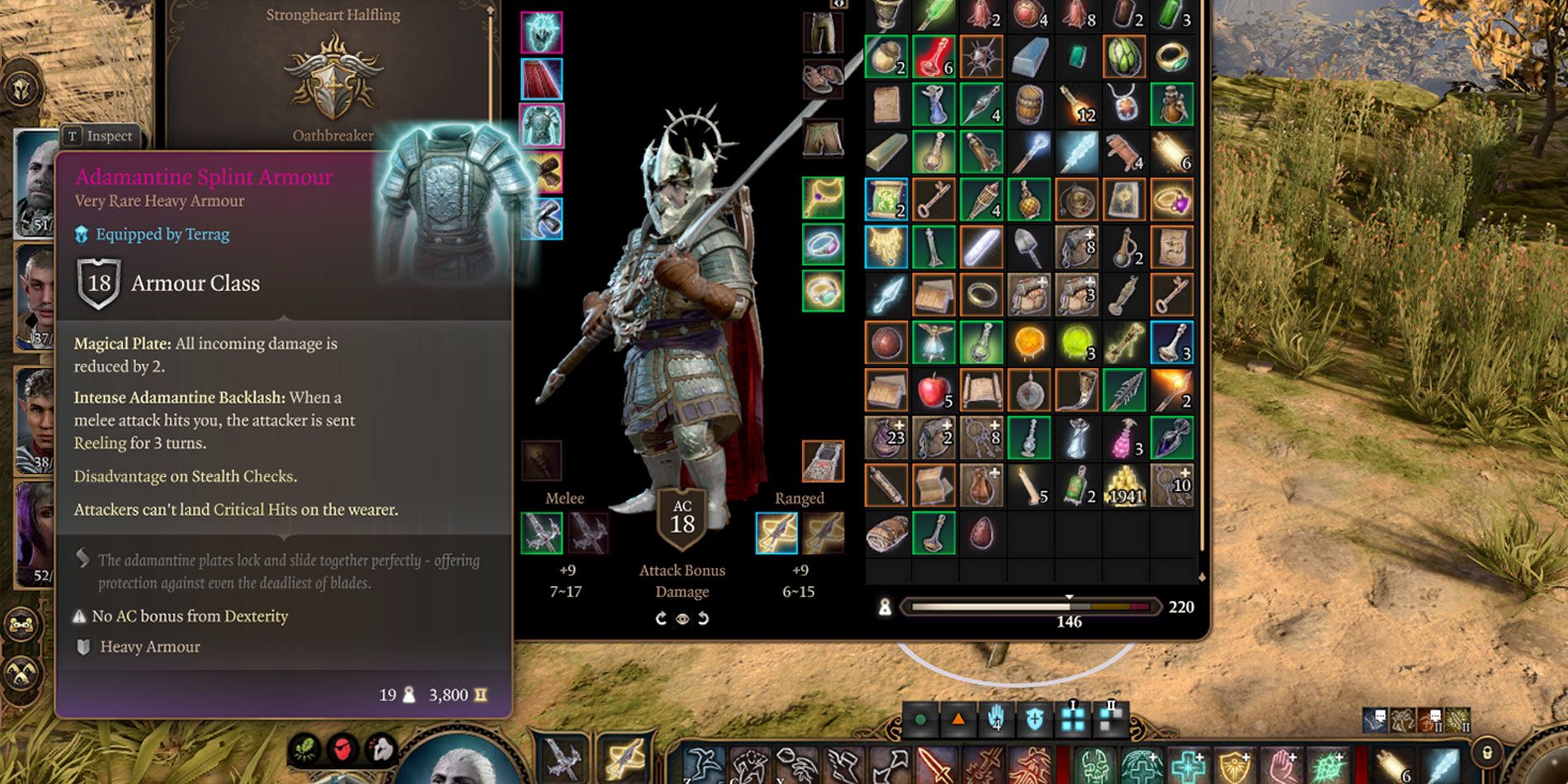 Adamantine Splint Armor shown in a character's inventory in Baldur's Gate 3.