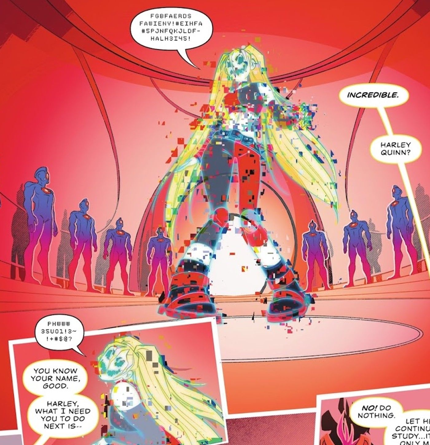 Comic book panels: a pixelated monstrous version of Harley Quinn, who appears as a pale woman with long blonde pigtails in black and red clothing.