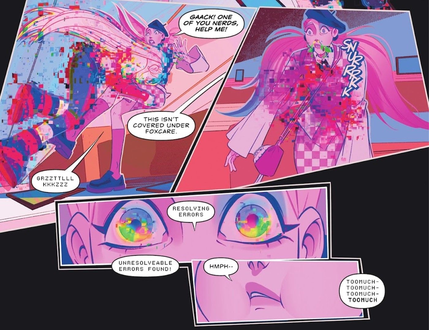 Comic book panels: a pixelated monster version of a blonde woman (Harley Quinn) enters her regular doppelganger. Her eyes become pixelated, and she looks ready to be sick.