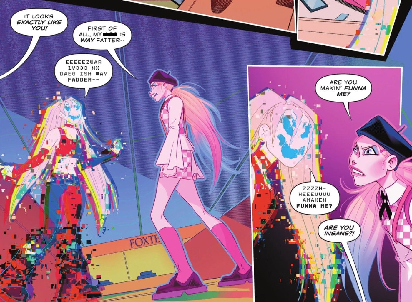 Comic book panels: two version of Harley Quinn — one a pixelated version in her red and black costume and the other a human version in street wear — face each other and talk.
