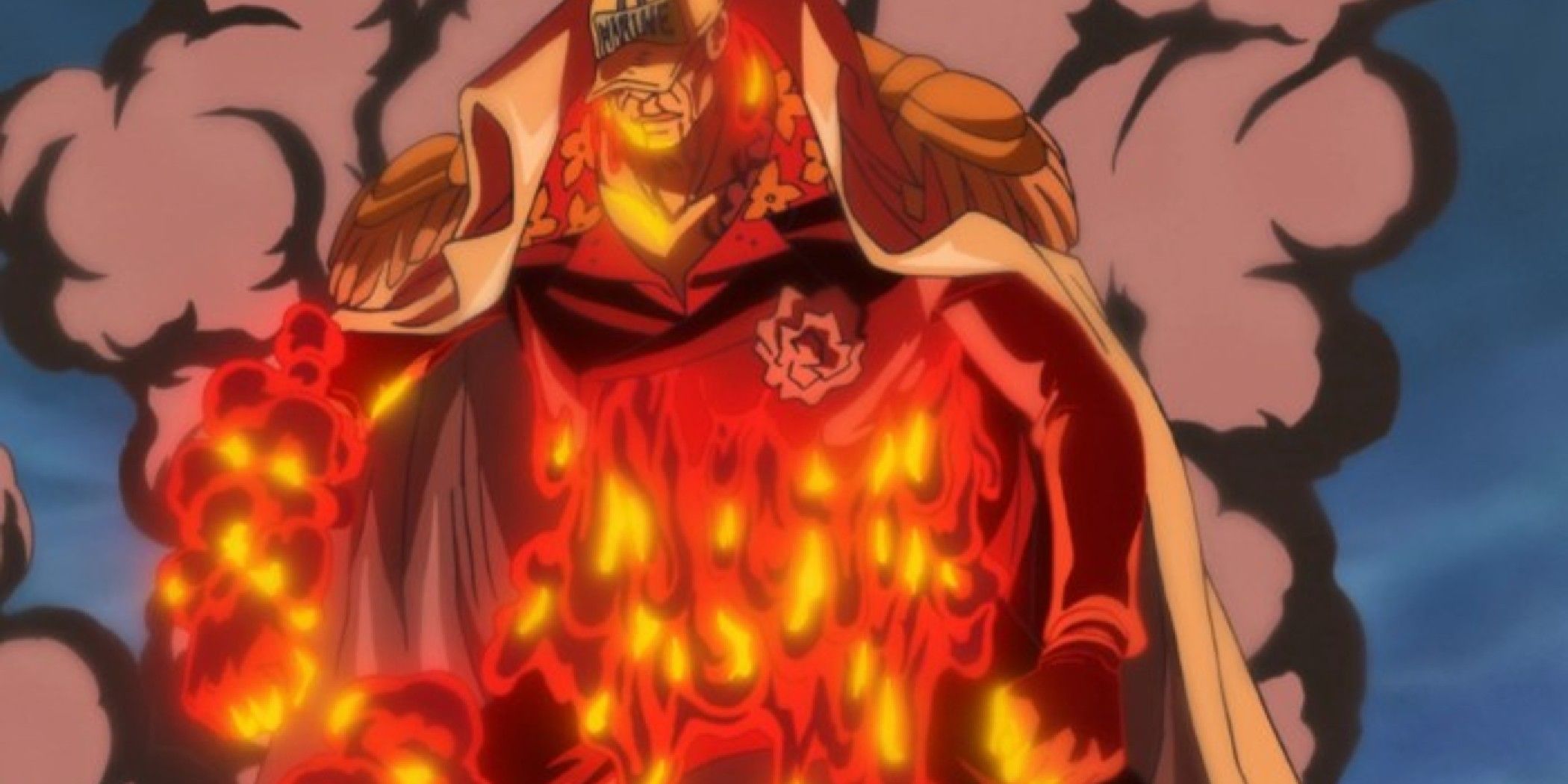 Akainu in his magma form with abdomen turning to magma
