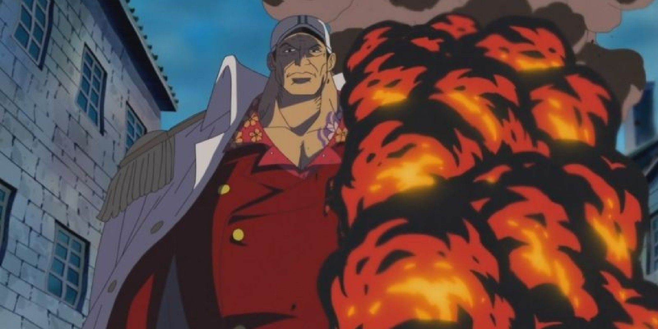 Akainu with his left side engulfed in magma