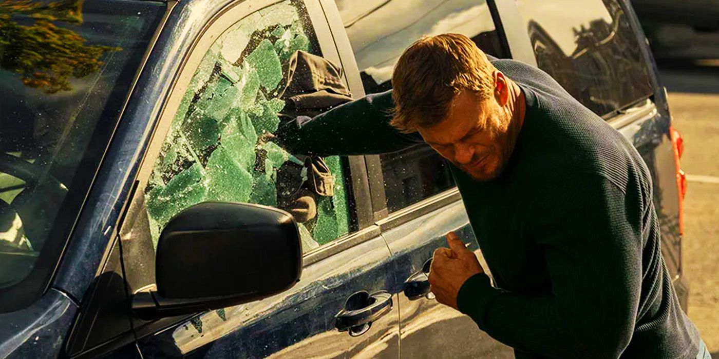 Alan Ritchson's Jack Reacher punches a window in Reacher