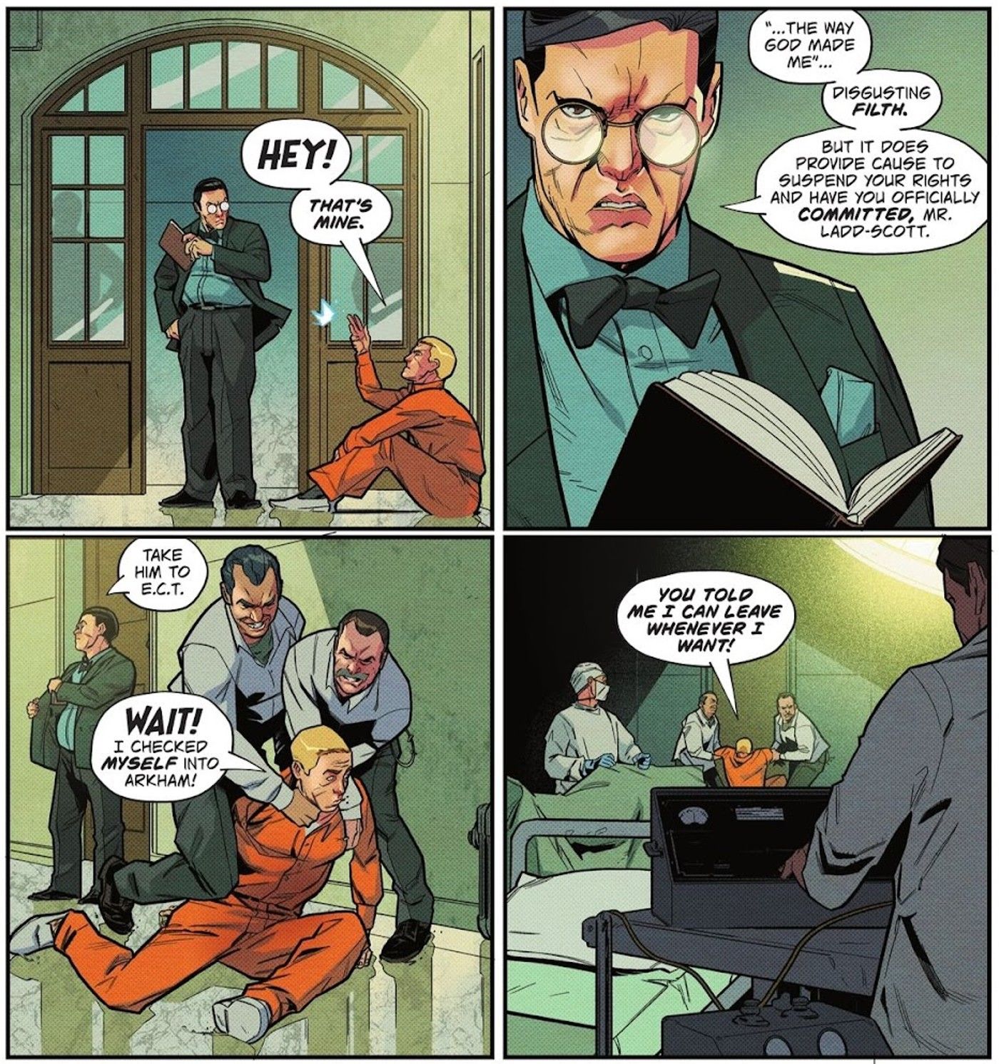 Comic book panels: a man in a suit targets a blond man in an orange jumpsuit, who is dragged to conversion therapy.