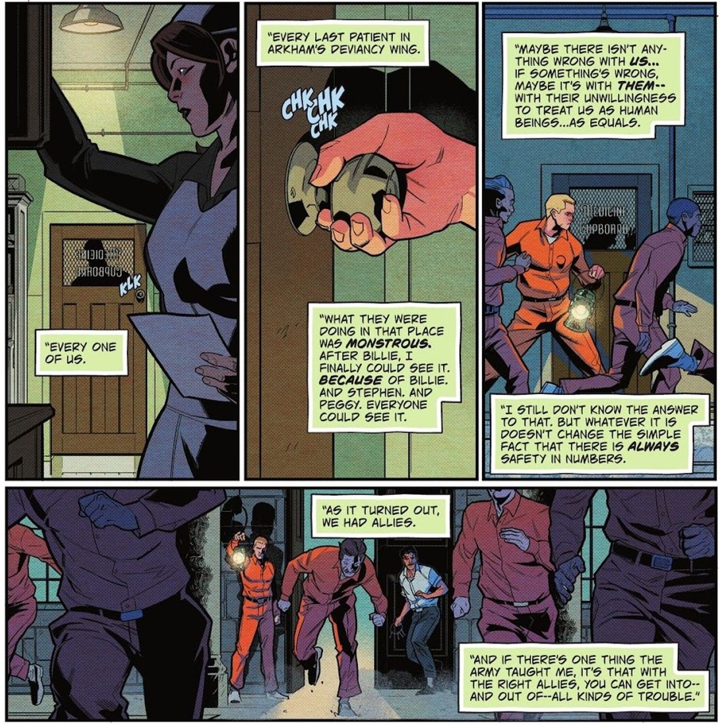 Comic book panels: Arkham inmates in orange jumpsuits break out of the asylum.