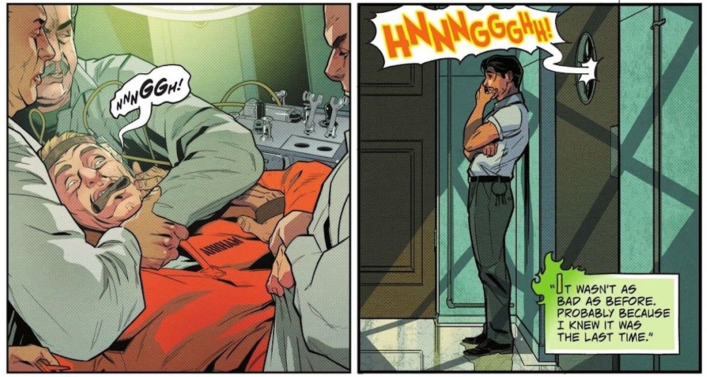 Comic book panels: a blond man in an orange jumpsuit undergoes electroshock therapy as a man listens in sympathy outside the door.