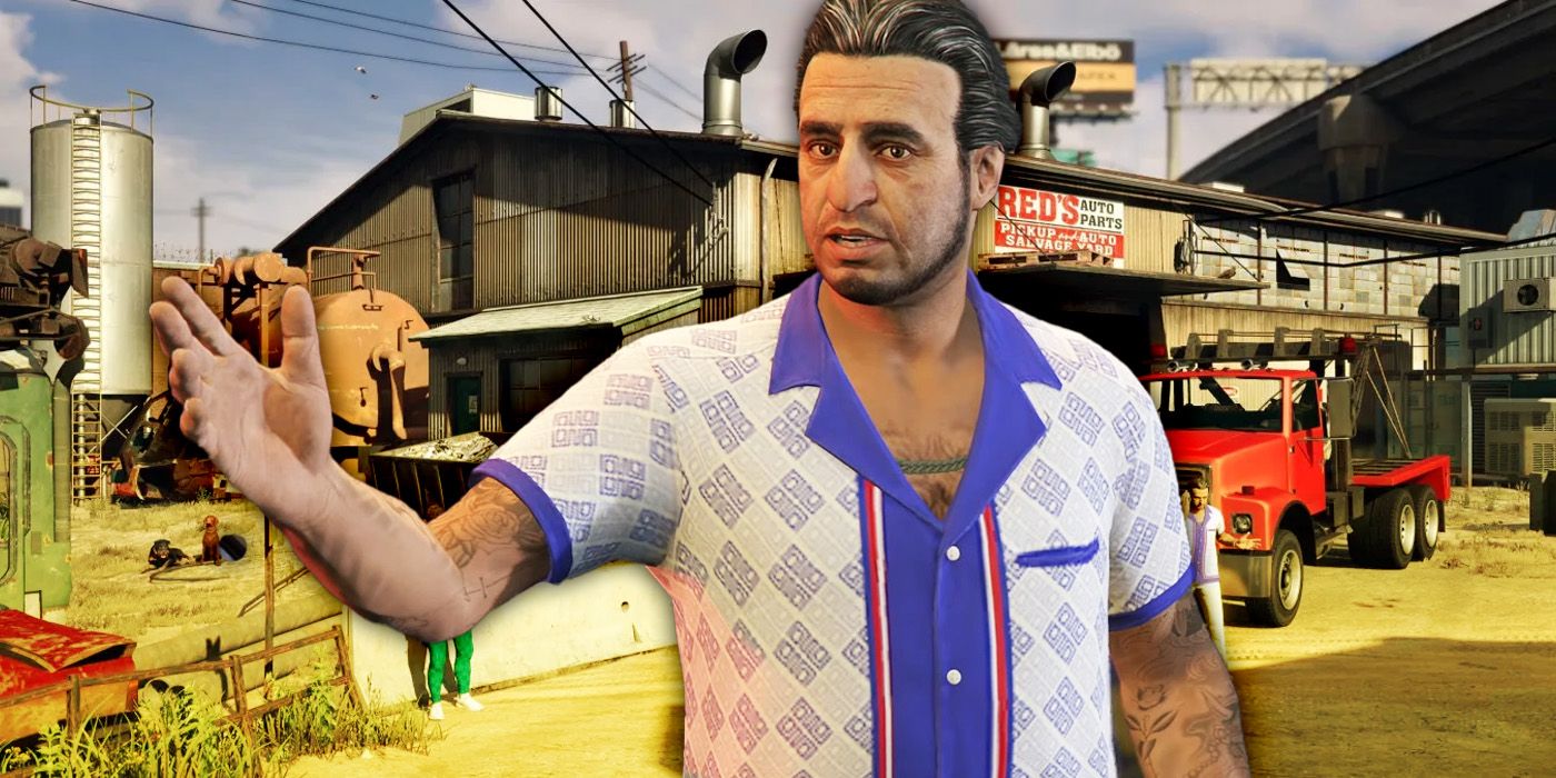 Yusuf Amir with a Salvage Yard in the background from GTA 5 Online