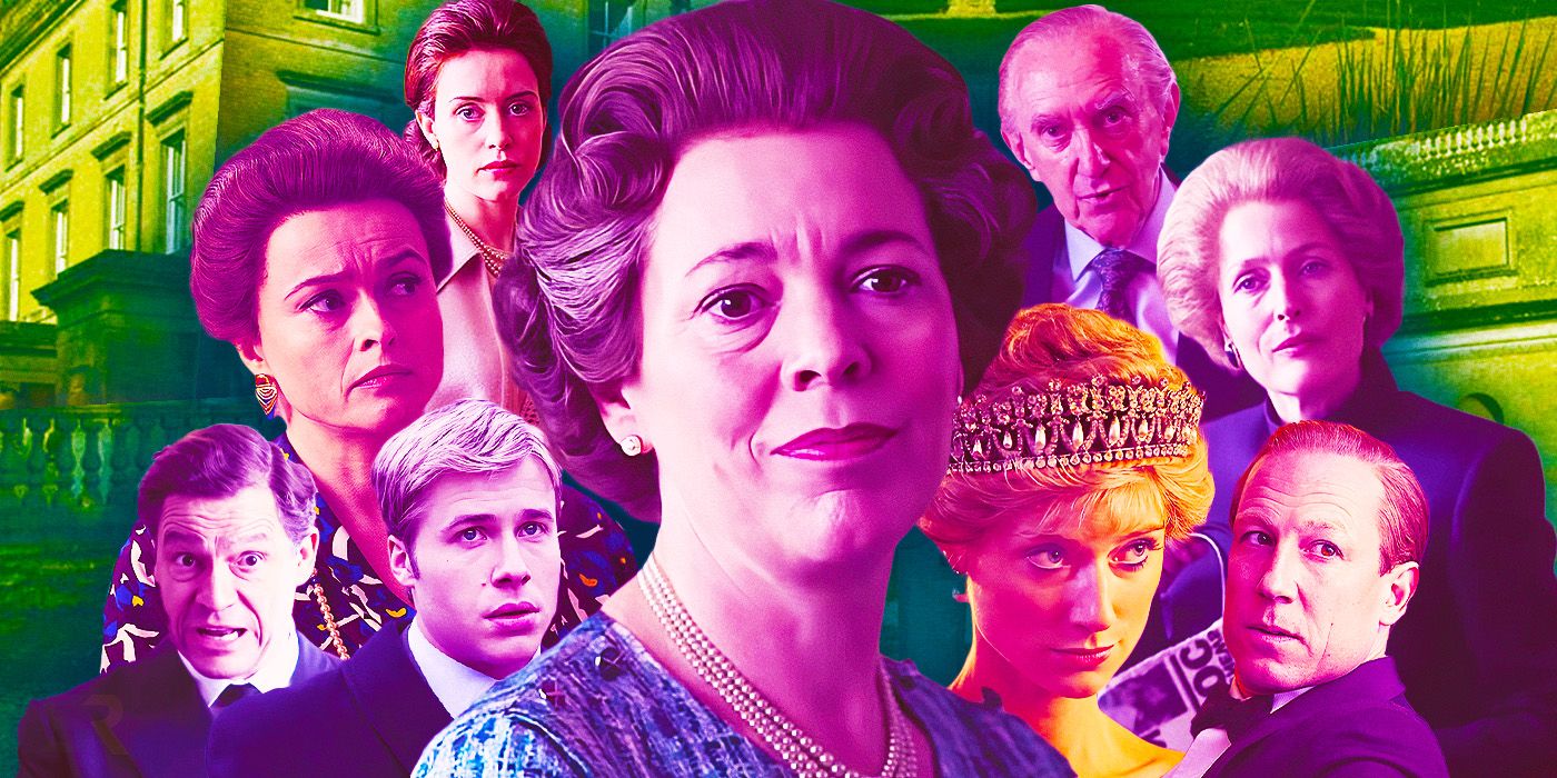 Collage of multiple cast members from the Crown