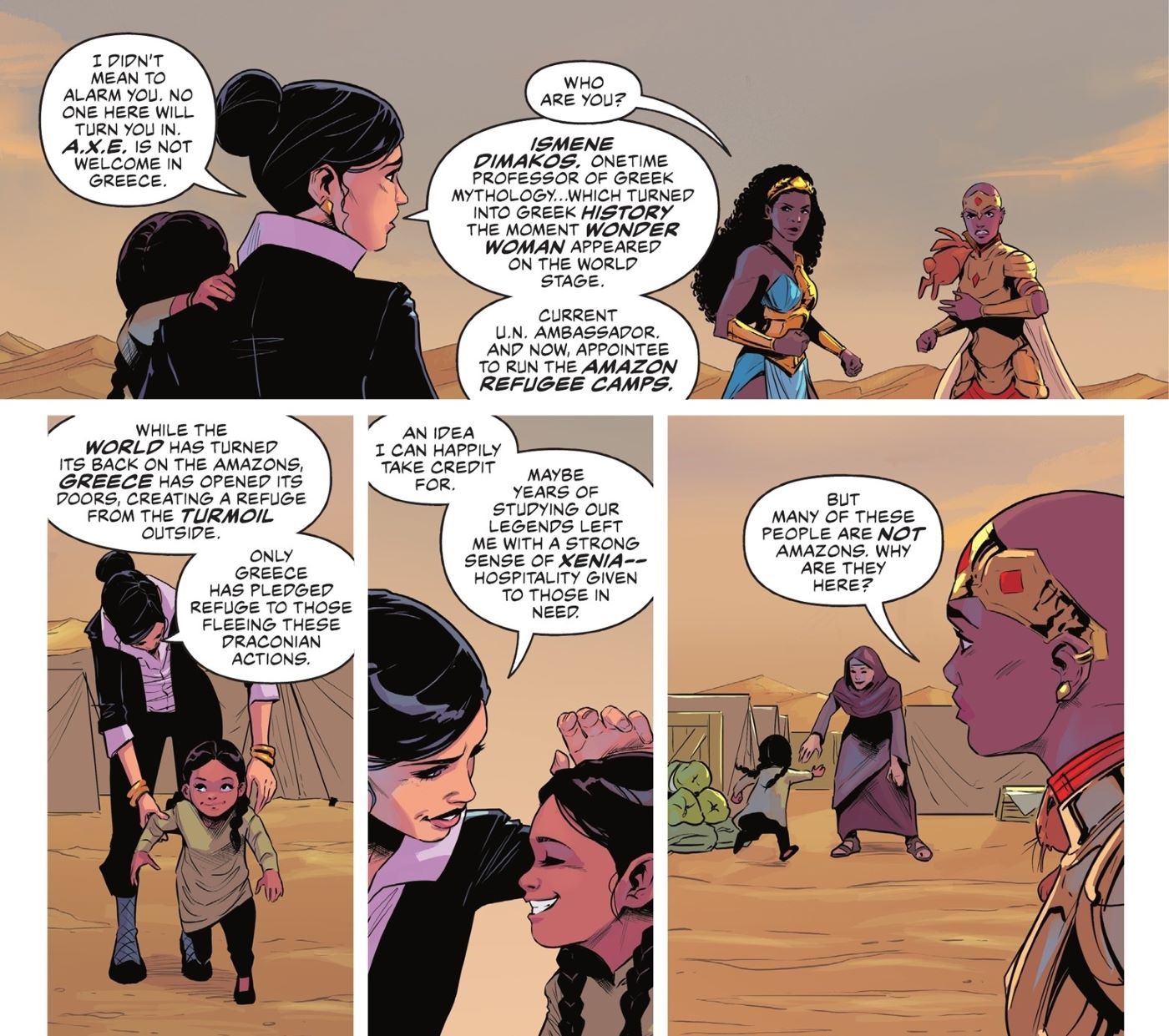 Amazons Attack #3 Ambassador of Greece Welcomes Queen Nubia to Refugee camp.