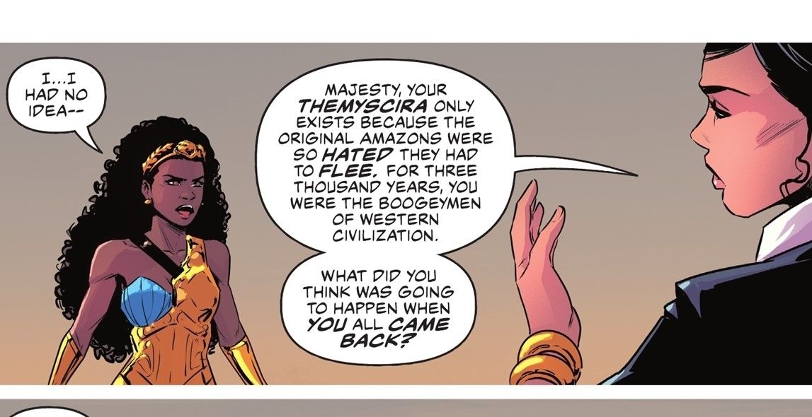 Amazons Attack #3 Greece Ambassodor and Queen Nubia talking about Themyscira-1
