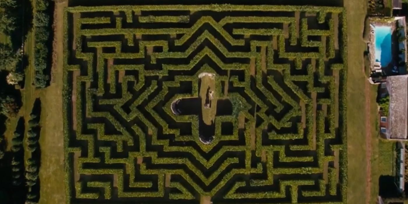 An aerial view of the hedge maze from Saltburn