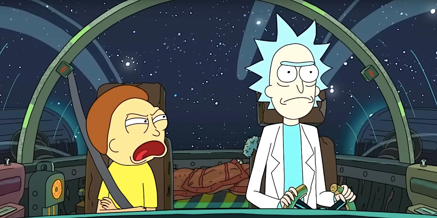 An angry Morty yells at a frowning Rick as they sit in a spaceship in Rick and Morty