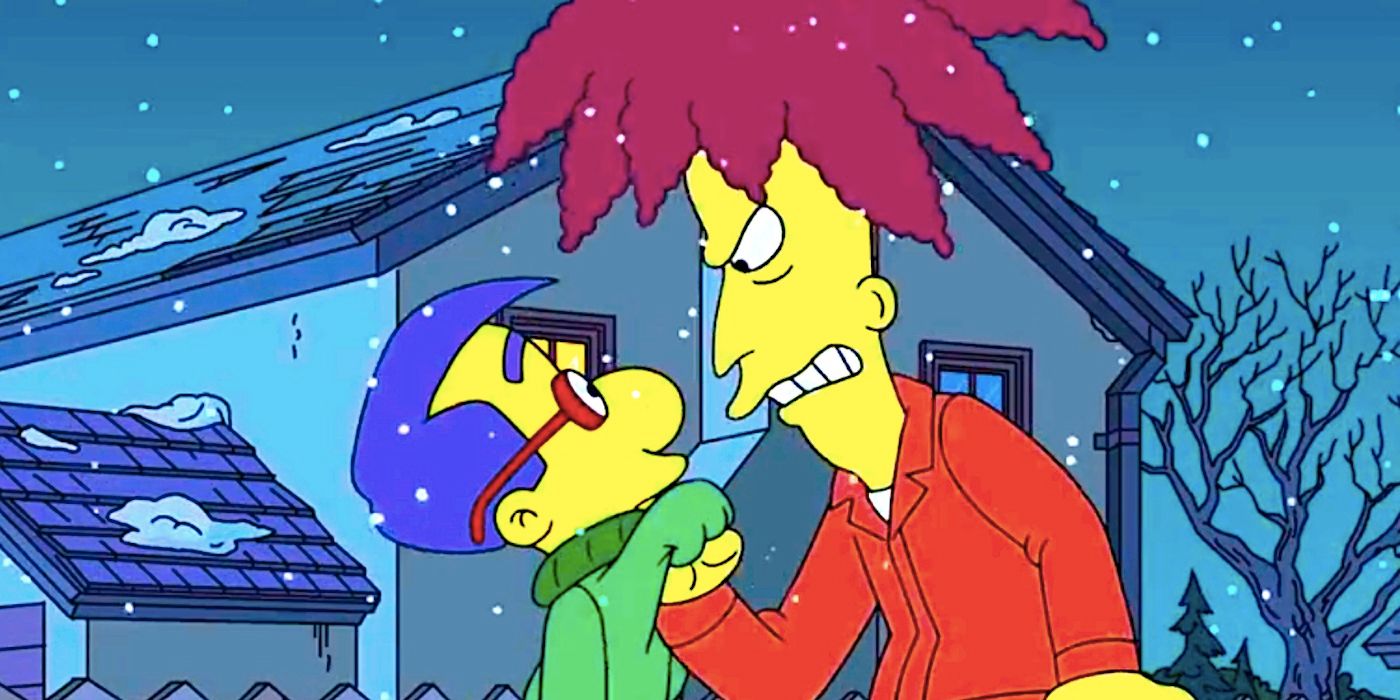 An angry Sideshow Bob holds Milhouse by his sweater in a snowy backyward in The Simpsons season 29 Gone Boy