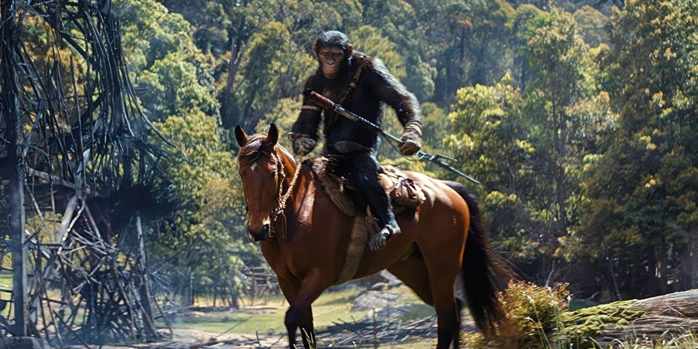 An ape riding a horse and holding a spear in Kingdom of the Planet of the Apes