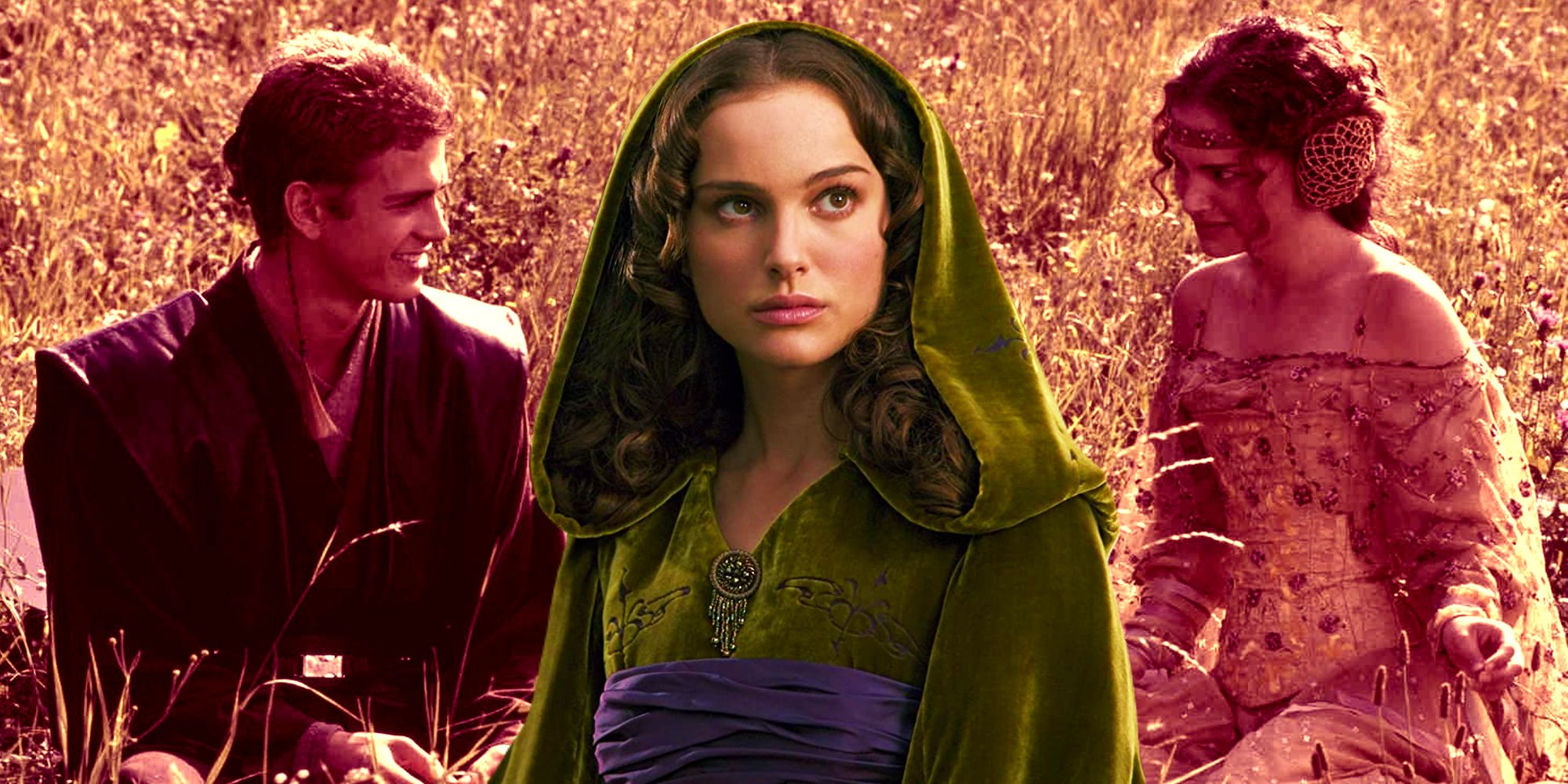 Anakin and Padme sat in a field in Star Wars: Episode II with an image of Padme from Revenge of the Sith between them