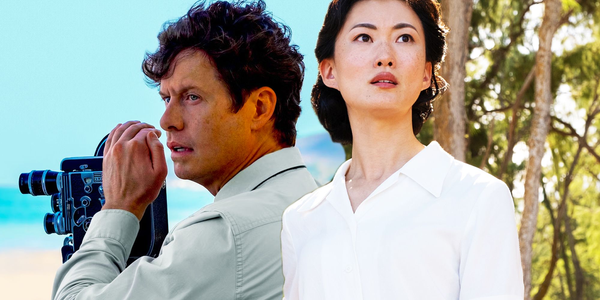 Anders Holm as Bill Randa and Mari Yamamoto as Dr. Keiko Miura in Monarch: Legacy of Monsters 1950s timeline