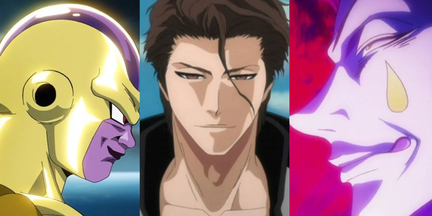 Three anime villians: Aizen from Bleach in the middle; Frieza from Dragon Ball on left; Hisoka from Hunter x Hunter on right