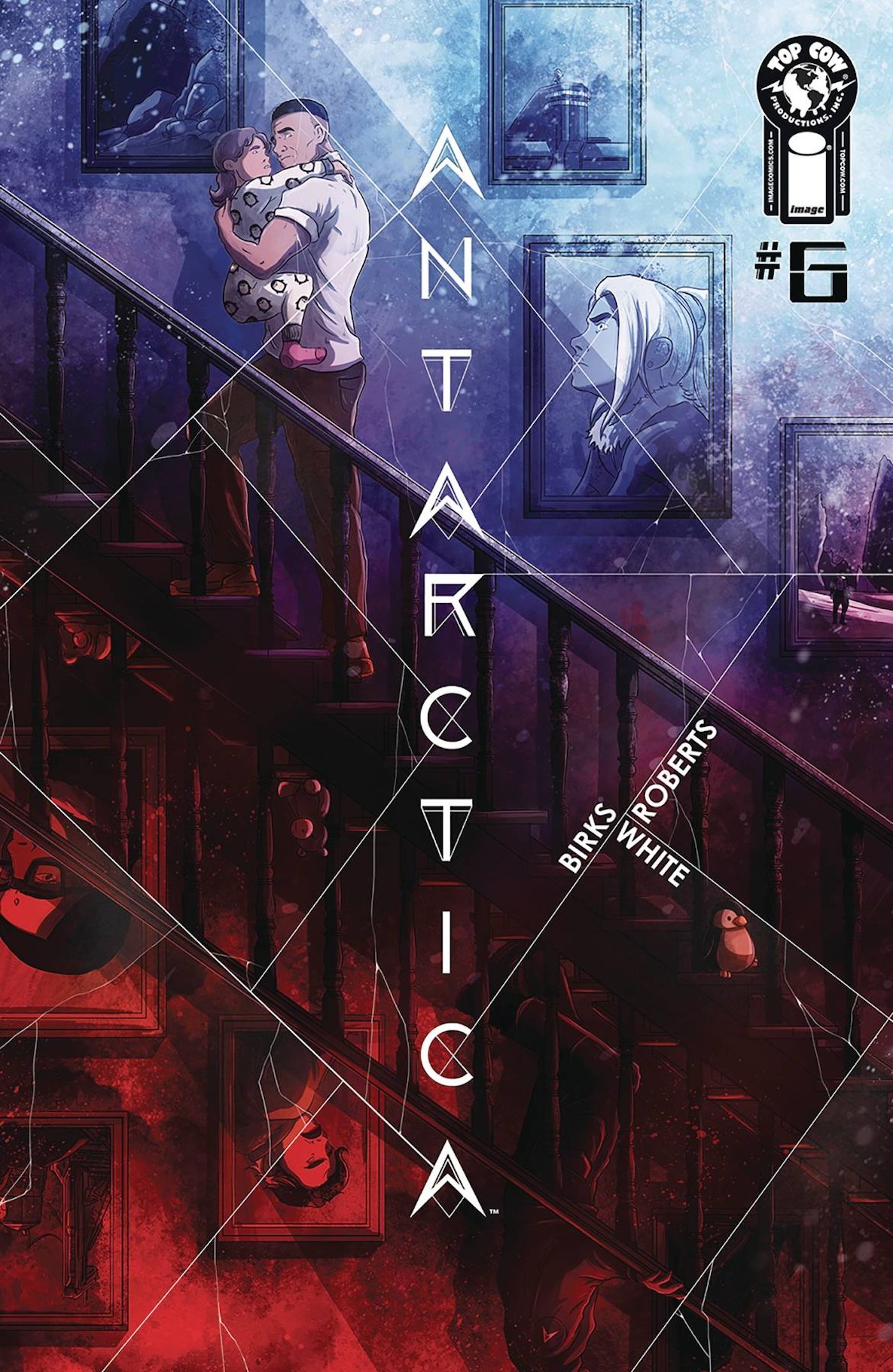 Antarctica 6 Variant Cover: a man climbs stairs while holding a young girl. There is a reflection of a dark reality below him.