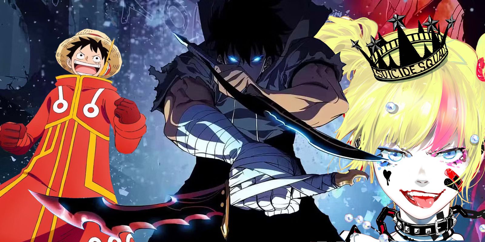 Image of antcipated animes features Luffy from One Piece, Harley Quinn from the Suicide Squad, and Jinwoo from Solo Leveling.