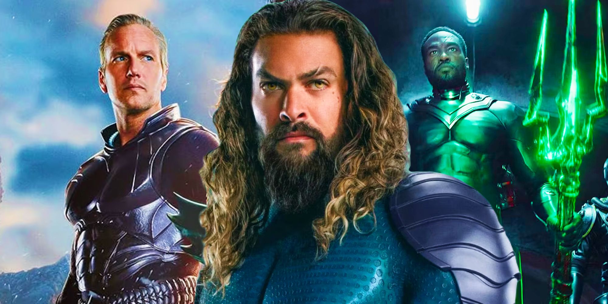 Aquaman wearing the black suit between Orm from Aquaman 2's poster and Black Manta holding the Black Trident