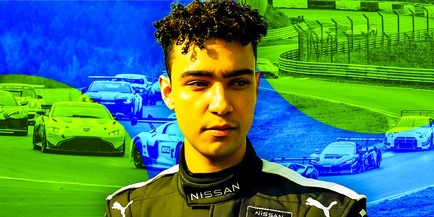 Archie Madekwe as Jann Mardenborough looks hesitant in Gran Turismo with collage of racecars behind him