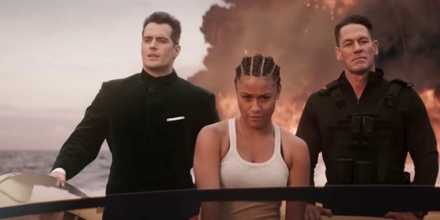 Henry Cavil, Dua Lipa and Jon Cena as their characters on a speed boat in Argylle