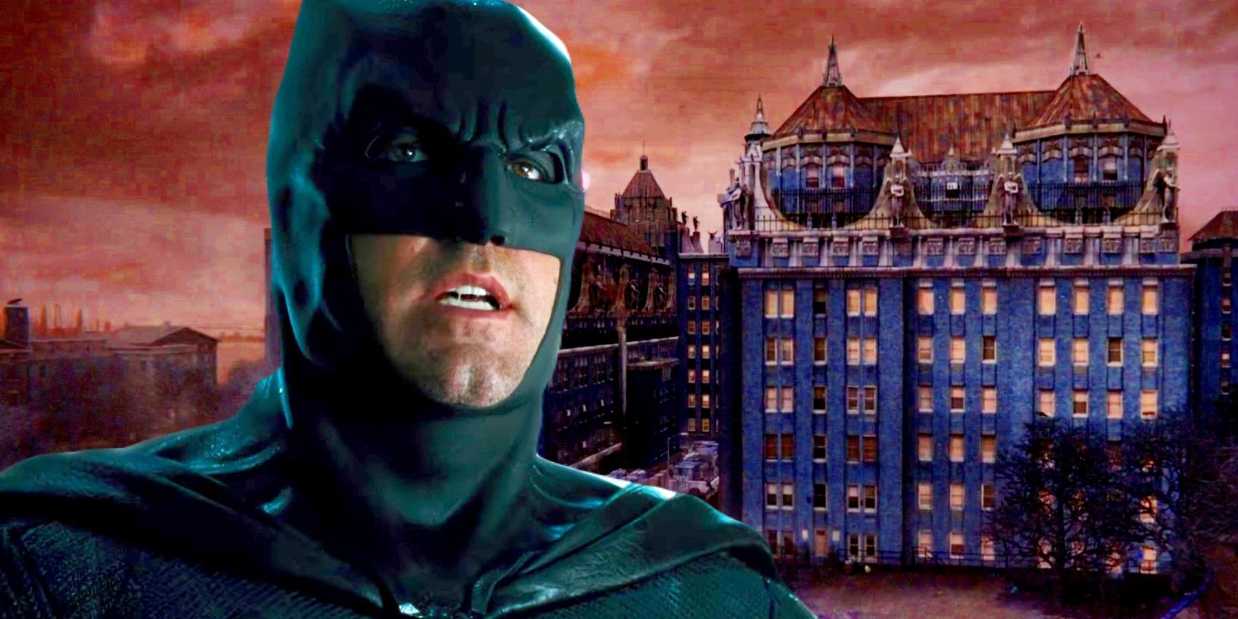 Arkham Asylum DCU's Ben Affleck movie, blended image with Ben Affleck's Batman in front of Arkham Asylum from Gotham