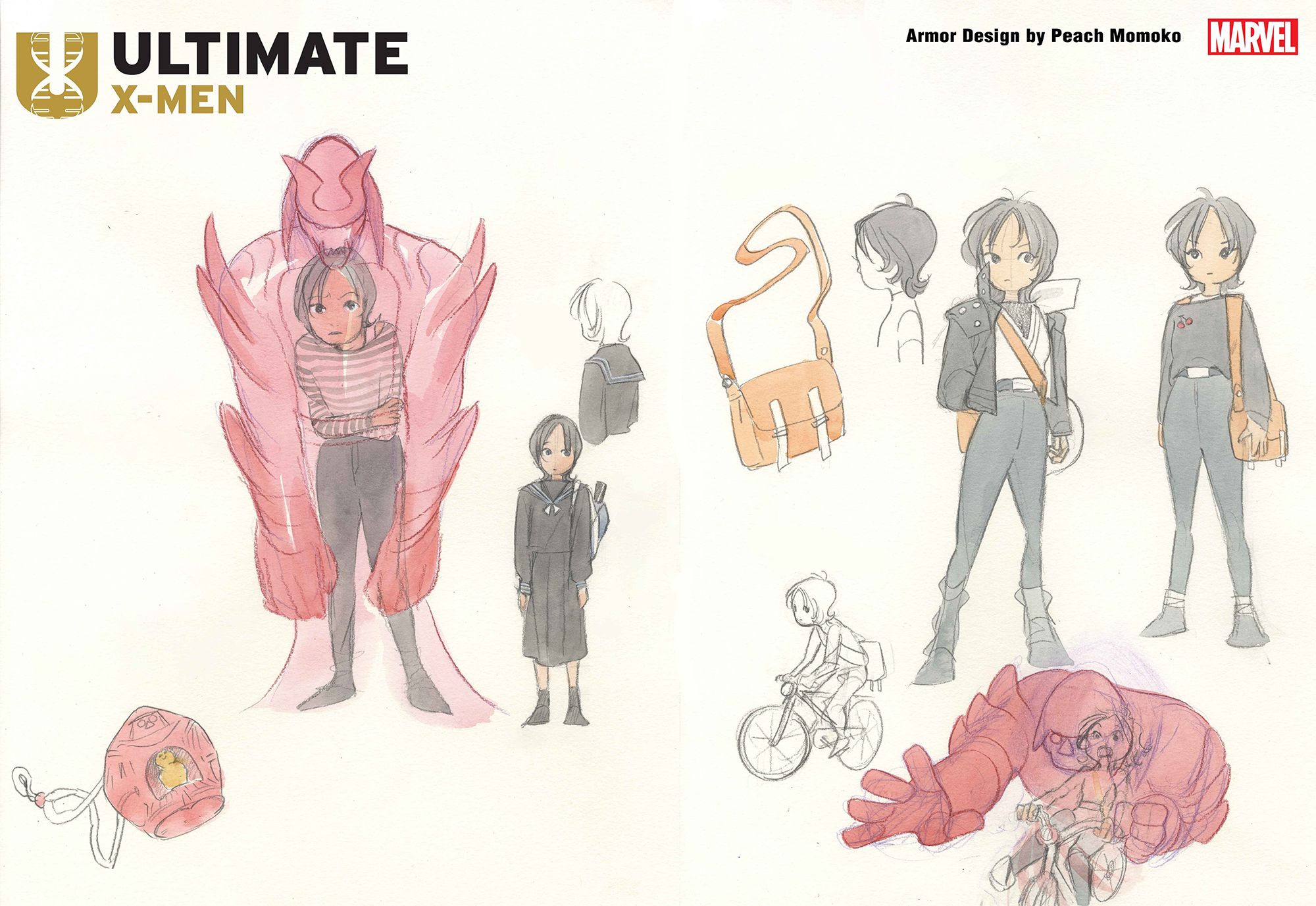 Multiple sketches of a dark-haired Japanese girl. She is pictured inside a translucent red samurai body that envelops her, sometimes protecting her from harm. These are designs for the X-Men character Armor, by Peach Momoko.