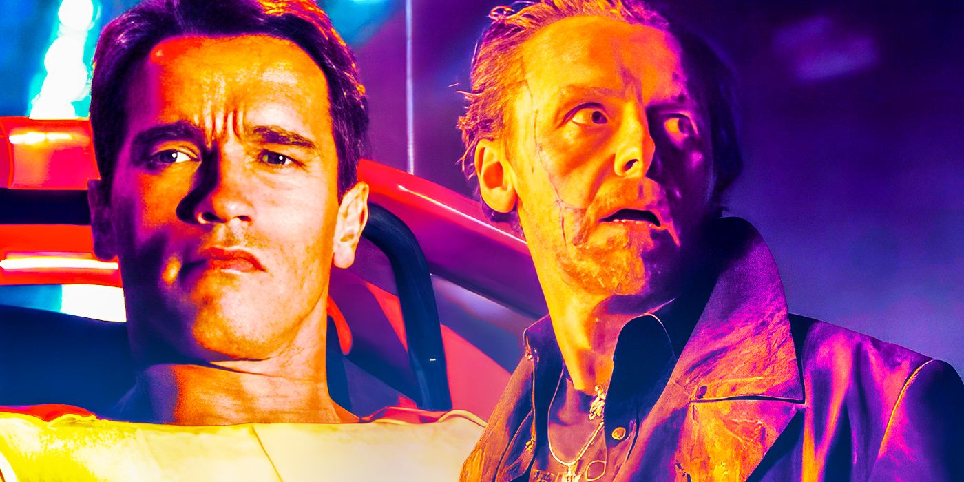 Arnold Schwarzenegger in The Running Man with Gary King looking scared in The World's End