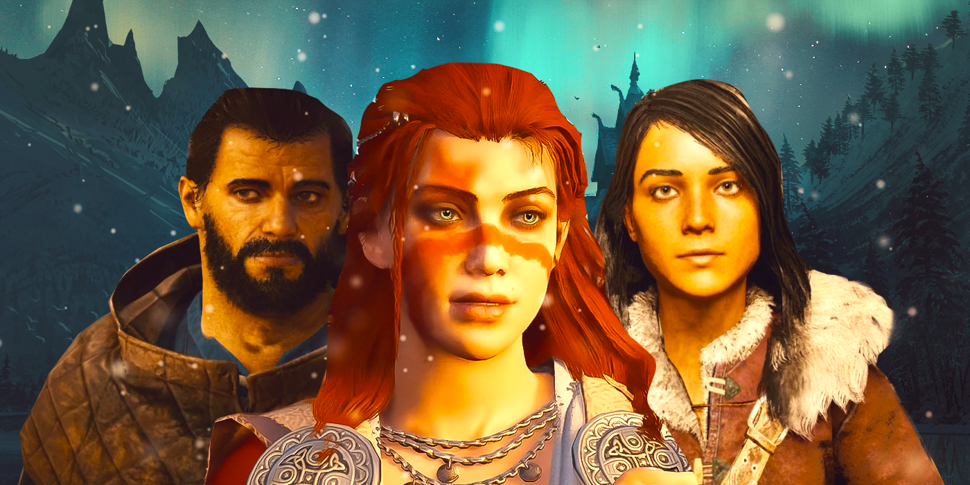Tarbin, Ciara, and Petra in front of the aurora borealis and some snowy mountains in screenshots from Assassin's Creed Valhalla.