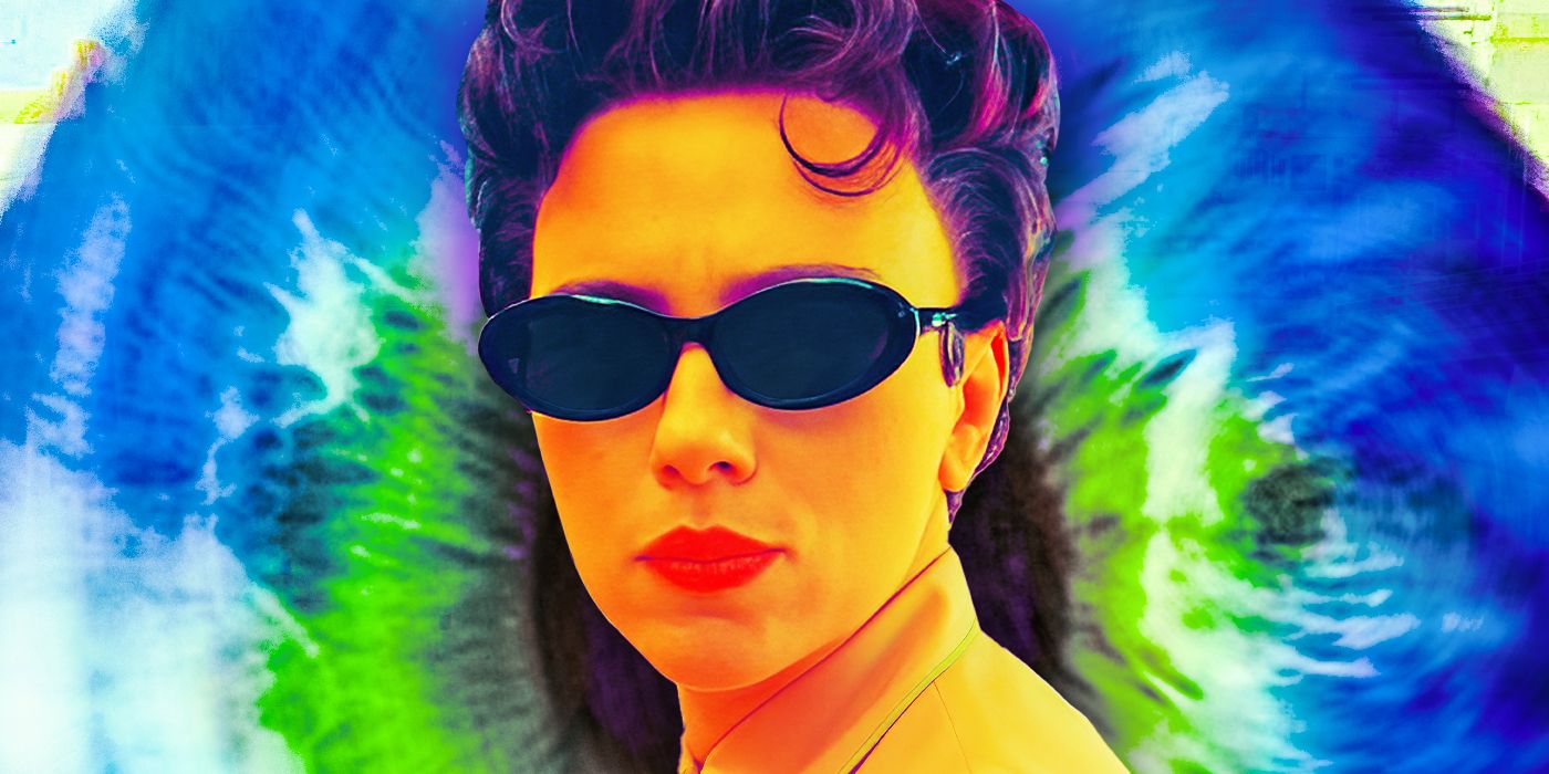 A colorful image of Scarlett Johansson wearing sunglasses in Asteroid City against a blue and green backdrop.