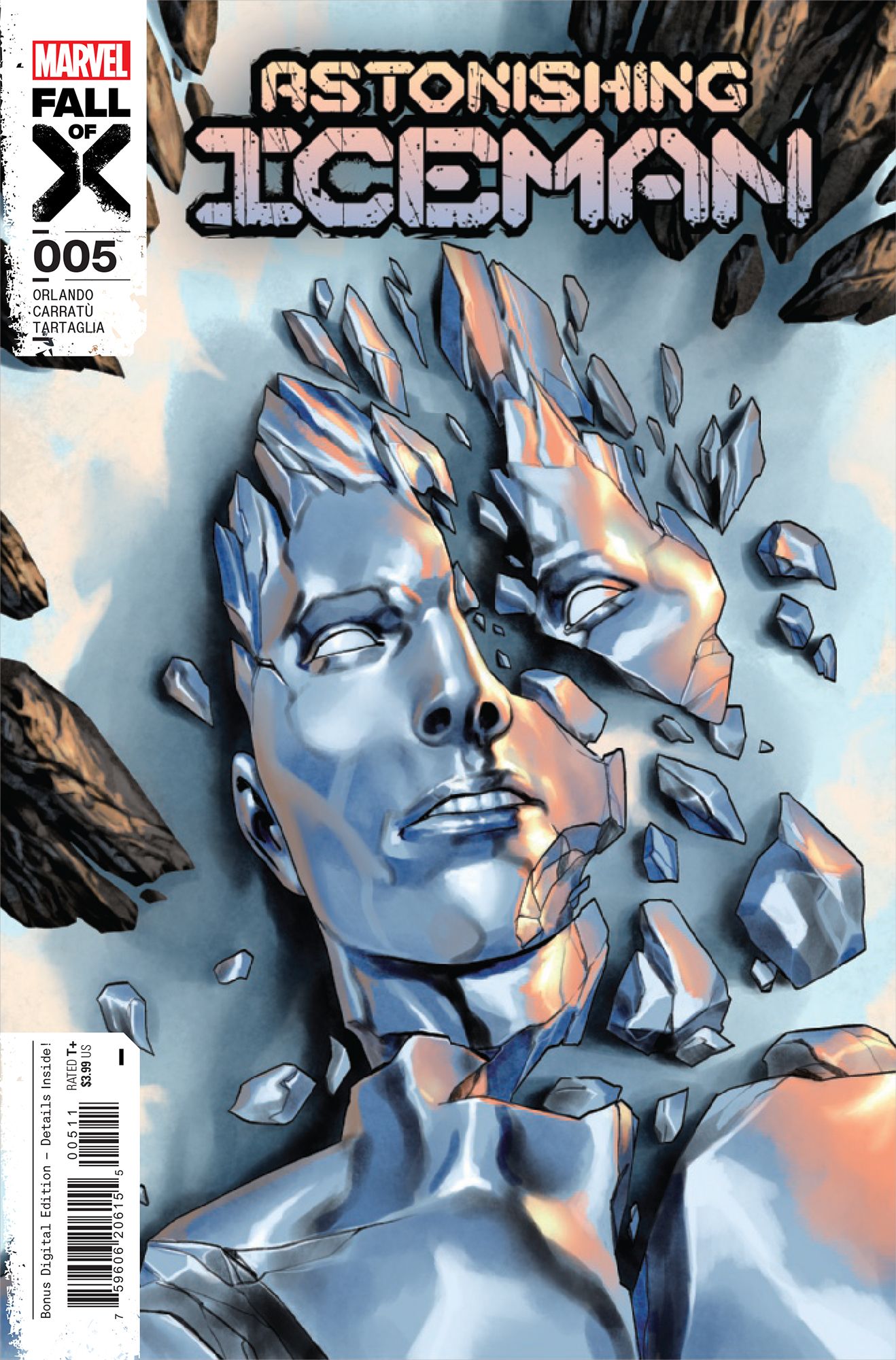 Astonishing Iceman #5 Cover by Jesus Saiz - Iceman's head and chest are on the ground, broken like glass