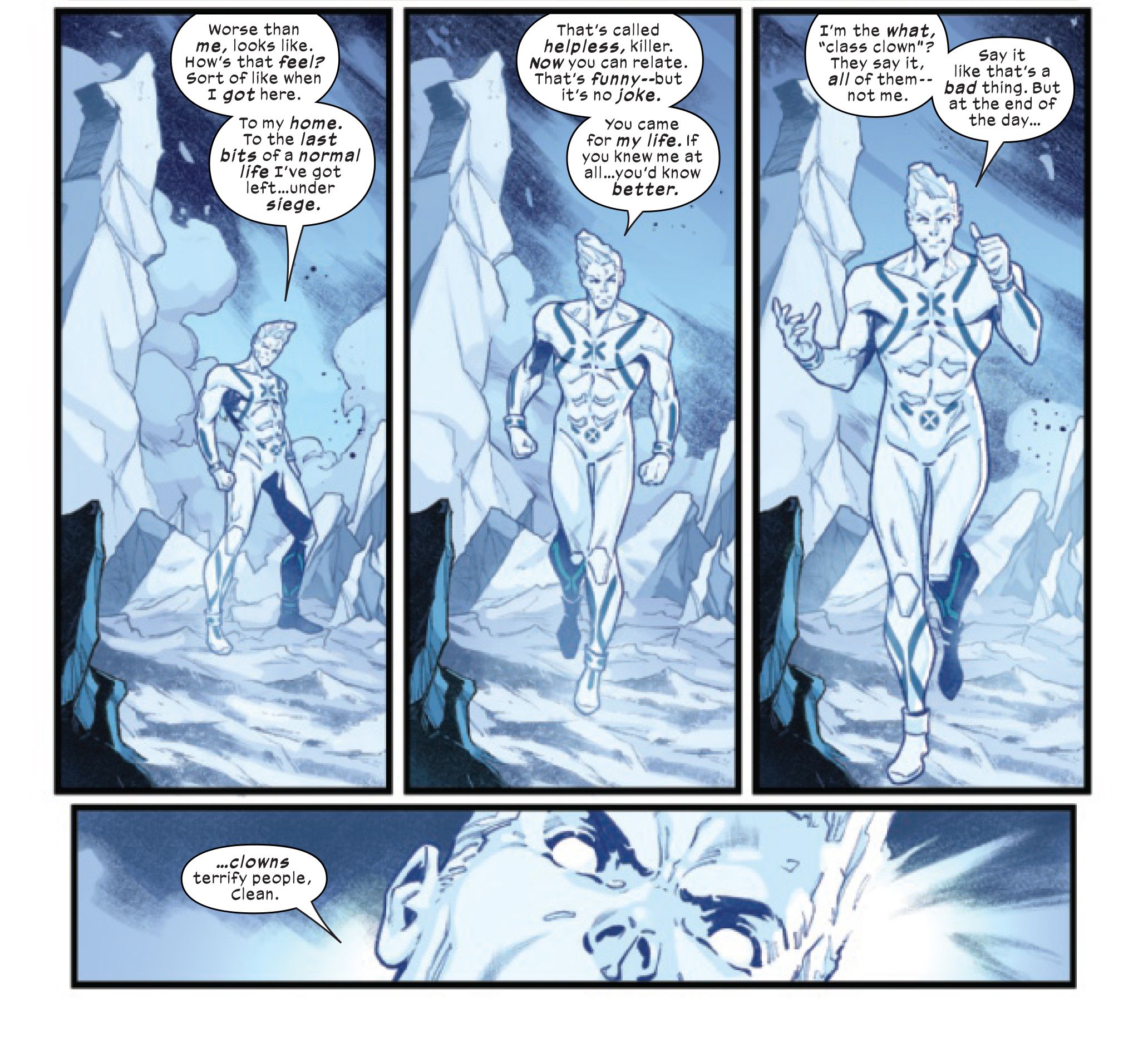 Astonishing Iceman #5 Page 14, Iceman admits to being a class clown, but adds 