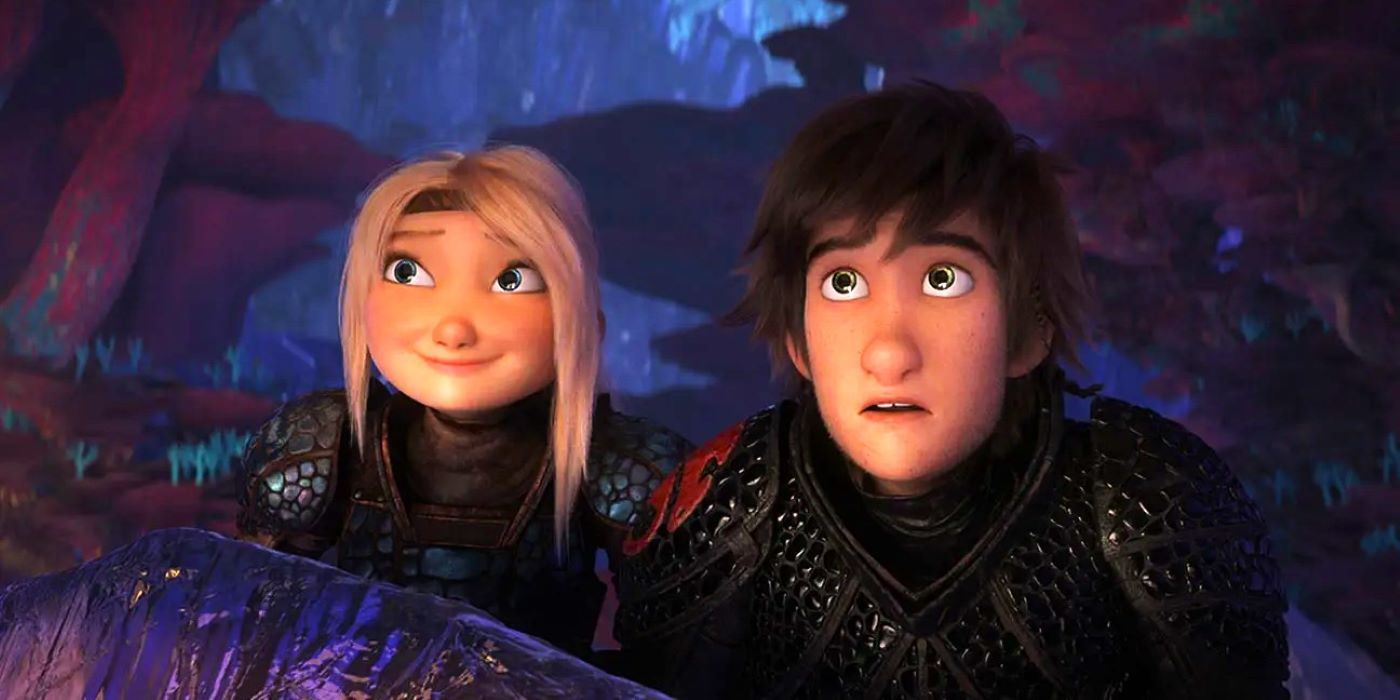 Astrid smiling and Hiccup staring ahead in How To Train Your Dragon