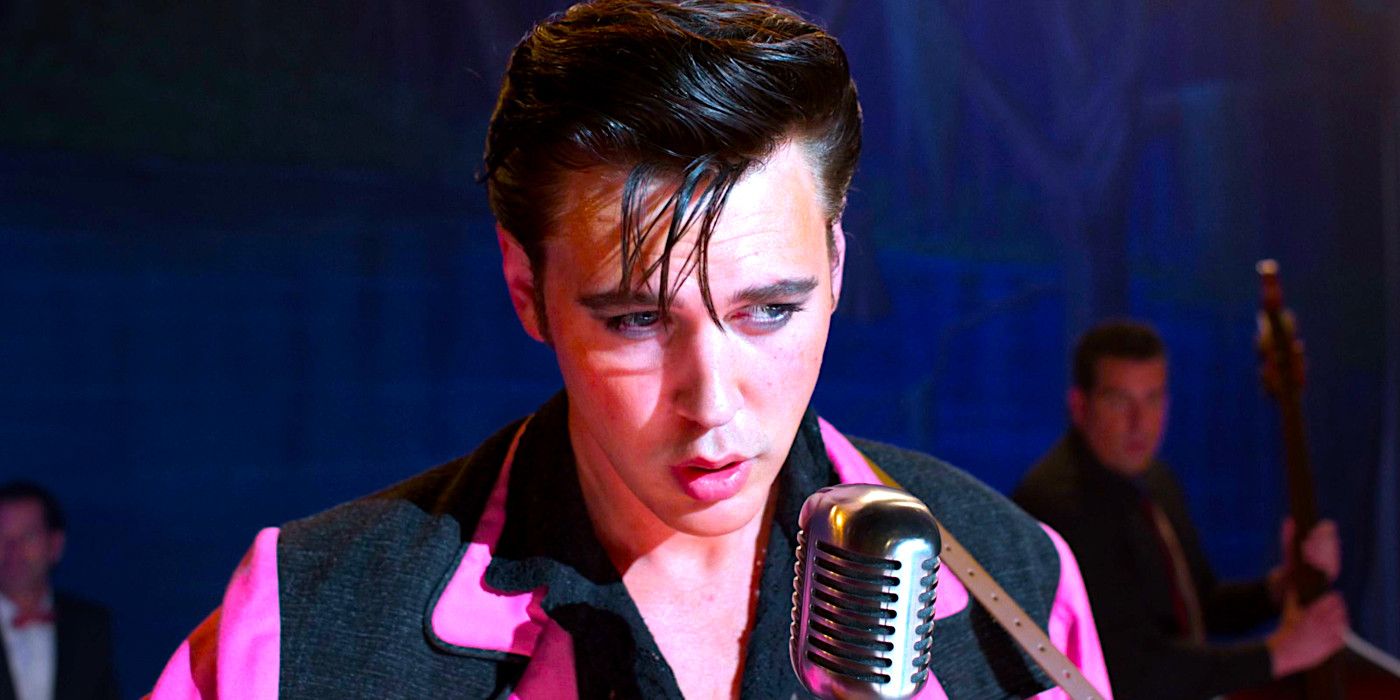 Austin Butler on stage performing a song in a musical scene from Elvis
