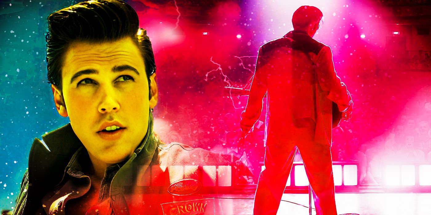 Two layered images of Austin Butler as Elvis Presley looking upward and with his back to the screen onstage in Elvis (2022).