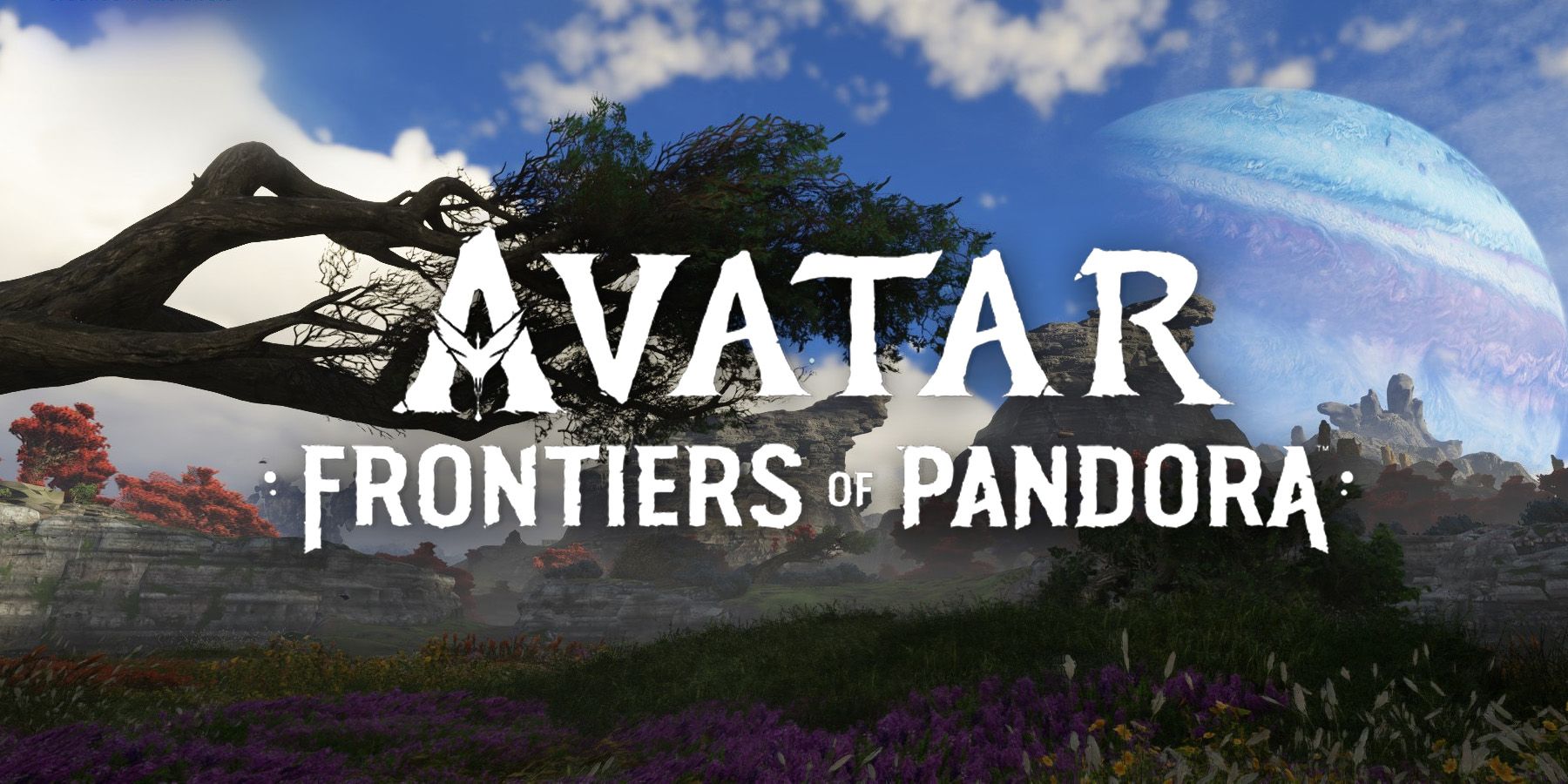 Avatar Frontiers of Pandora Banner image showing a landscape of wide plains with a planet visible in the sky.