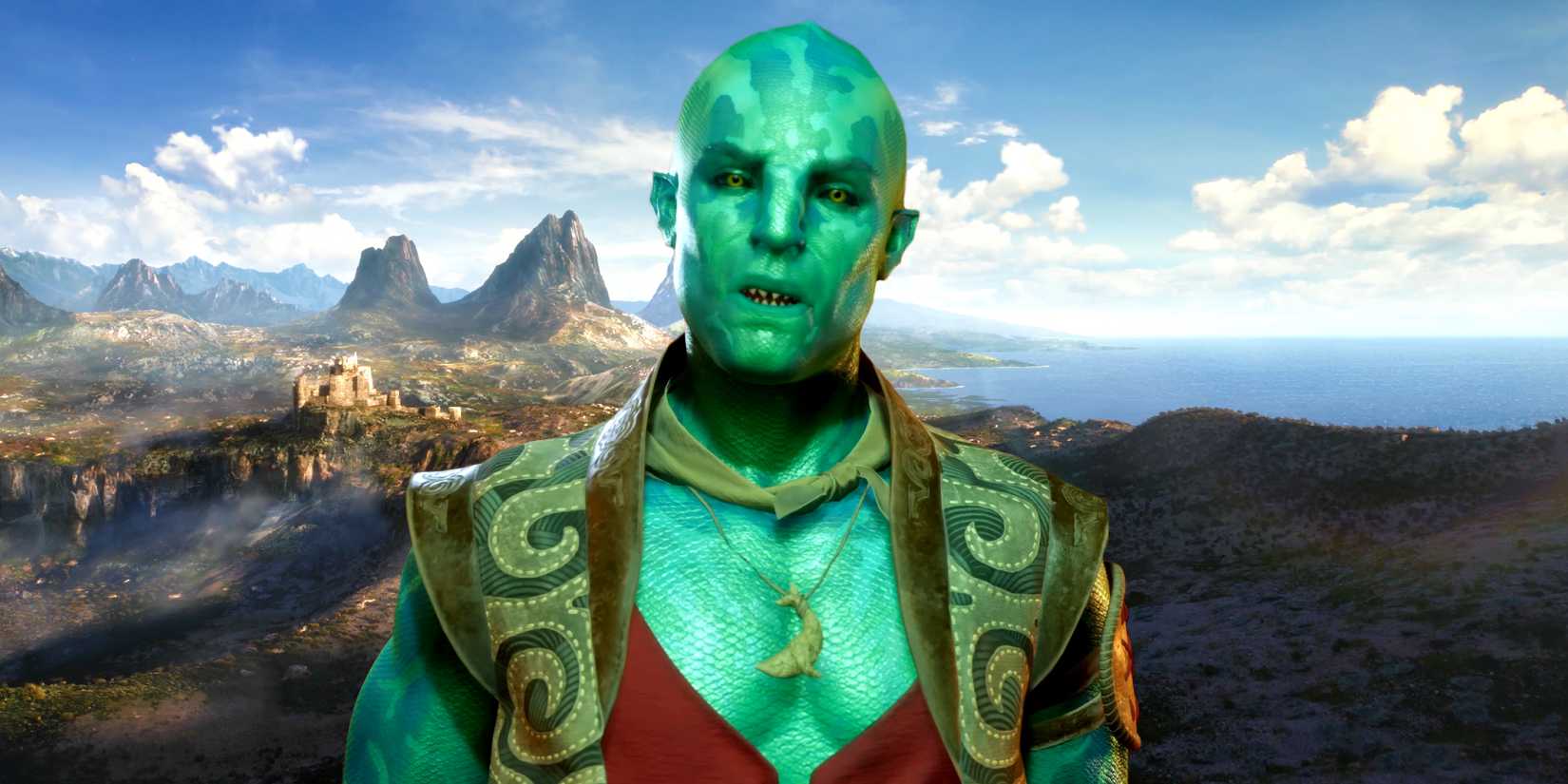Kai from Avowed standing in front of a landscape showing a city near a bay, with mountains in the background from Elder Scrolls 6.