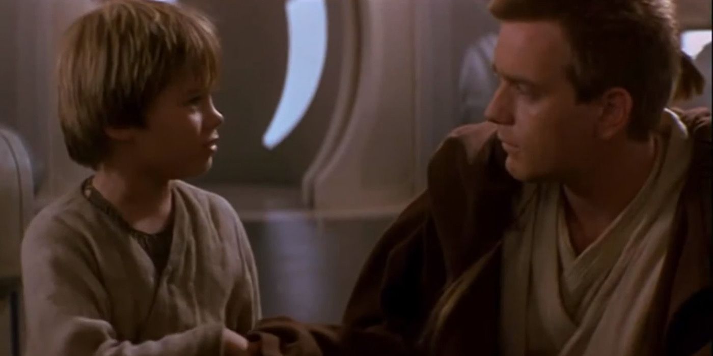 Obi-Wan Kenobi and young Anakin Skywalker look at one another in The Phantom Menace