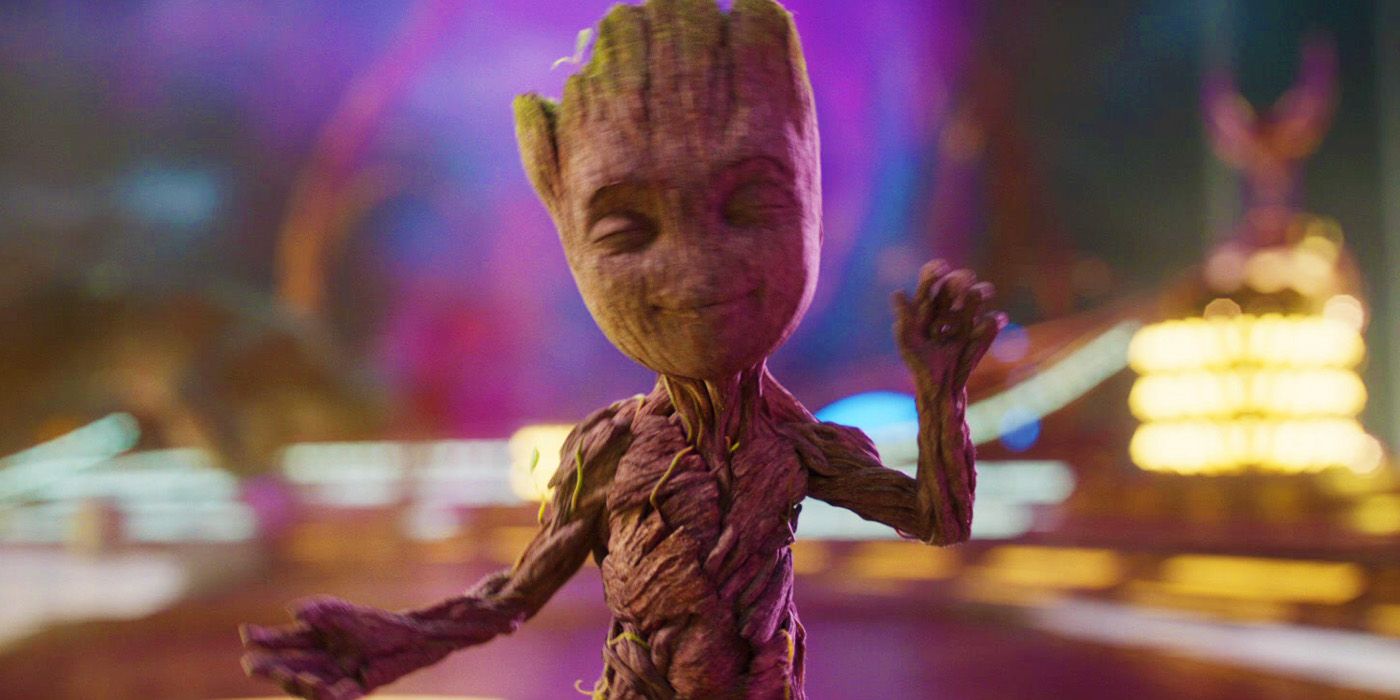Baby Groot dancing to Mr Blue Sky at the start of Guardians of the Galaxy Vol. 2