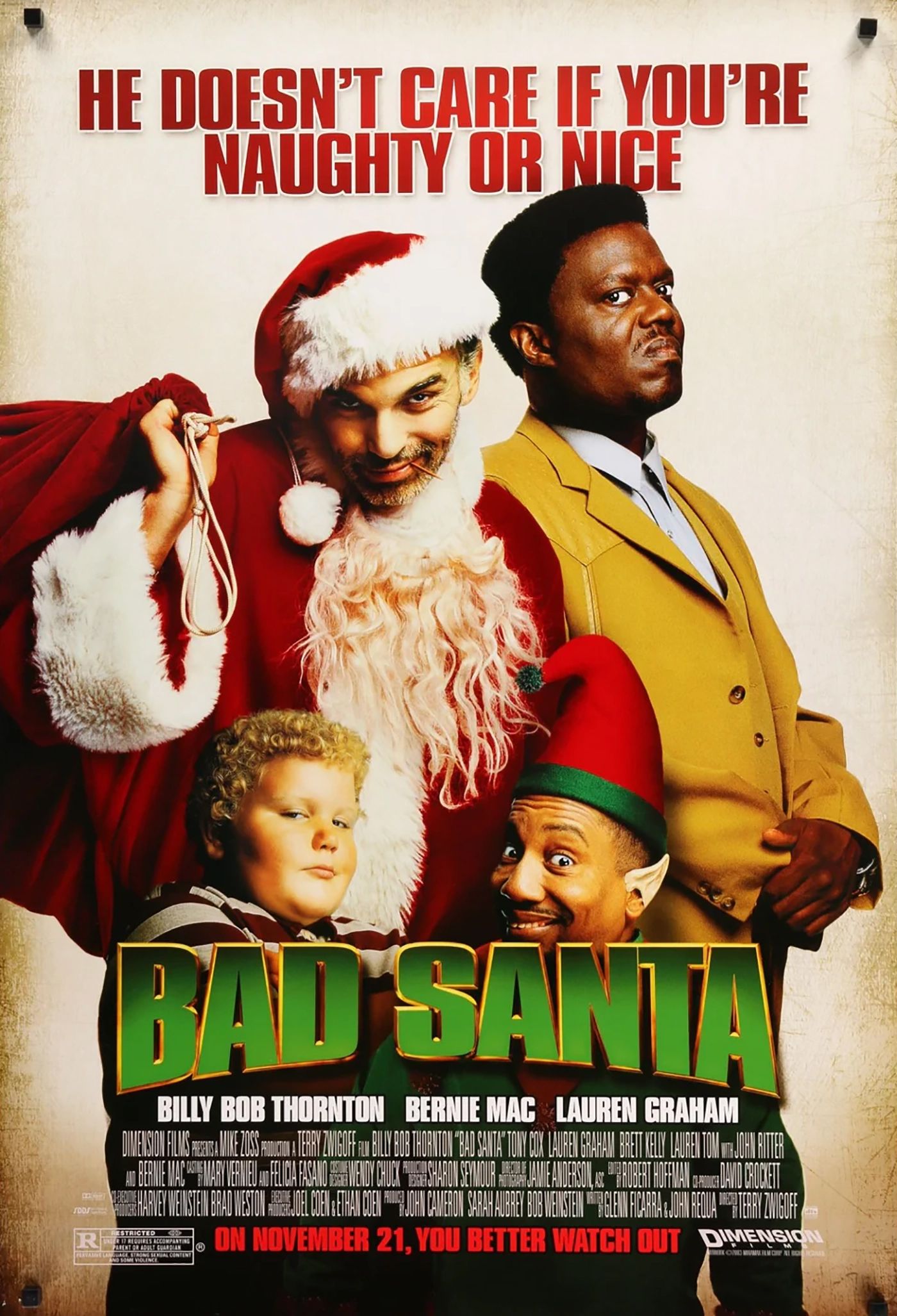 Billy Bob Thornton, Tony Cox, Brett Kelly and Bernie Mac in Bad Santa movie poster