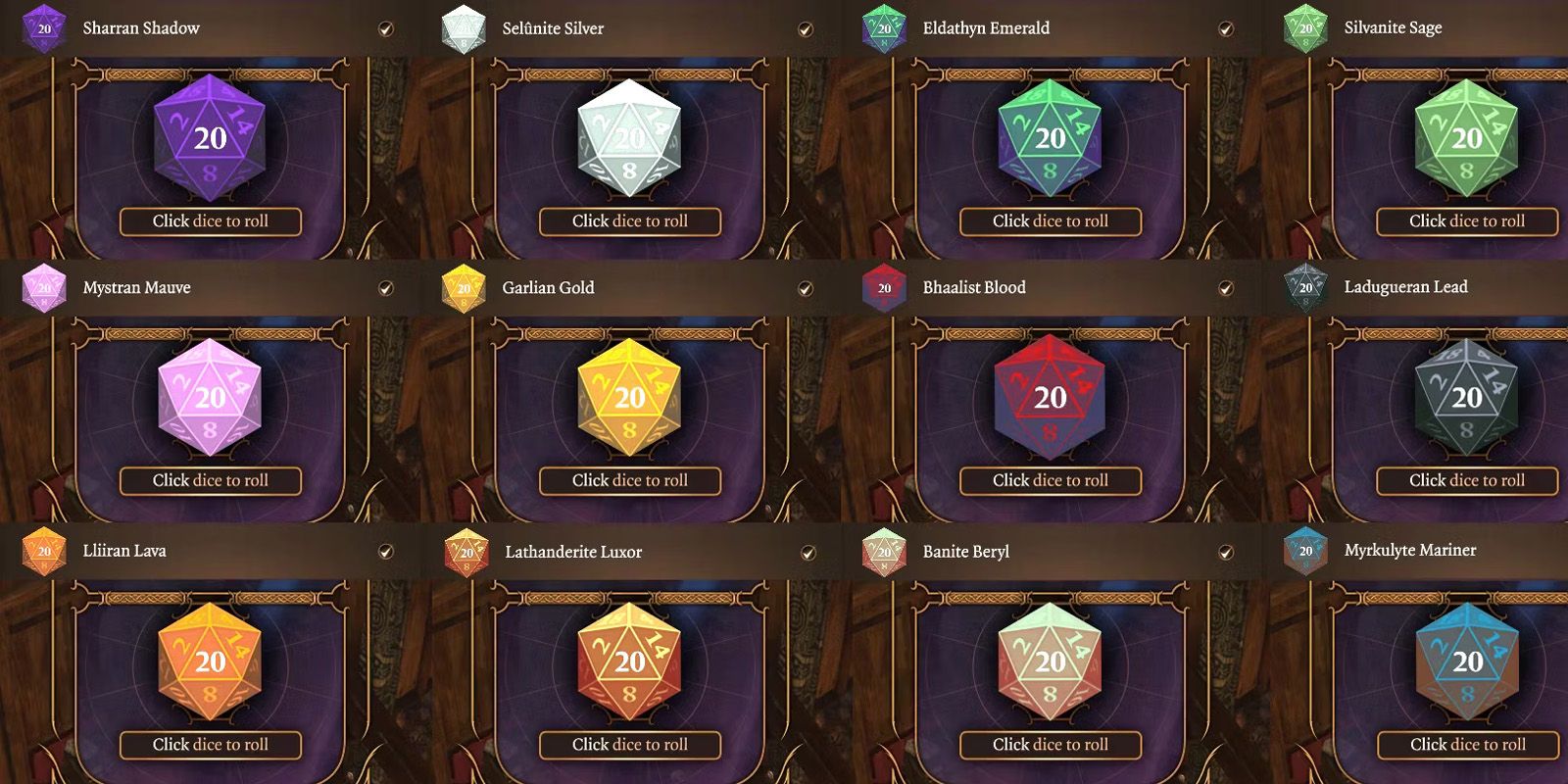 Baldur's Gate 3 Dice Mods showing a variety of different colors.
