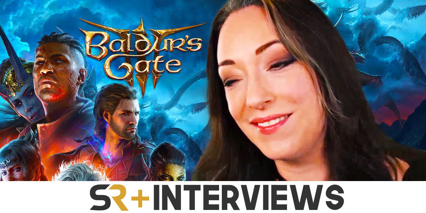 Amelia Tyler next to the Baldur's Gate 3 logo and characters with the SR Interviews logo underneath.