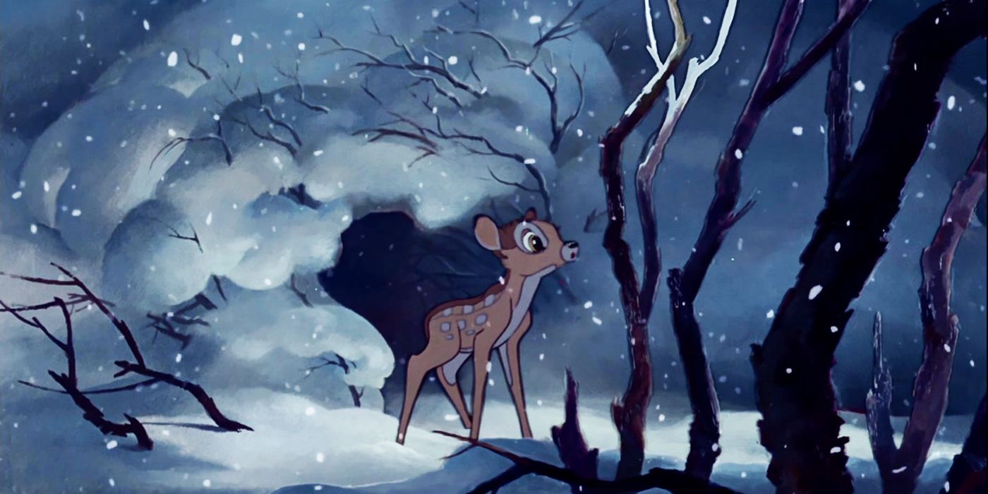 Bambi alone in the snowy forest