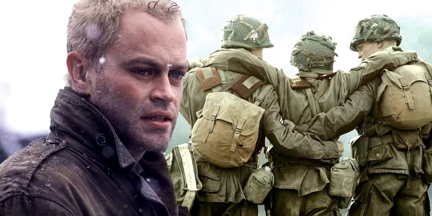 Band Of Brothers' Buck Compton next to soldiers in show poster