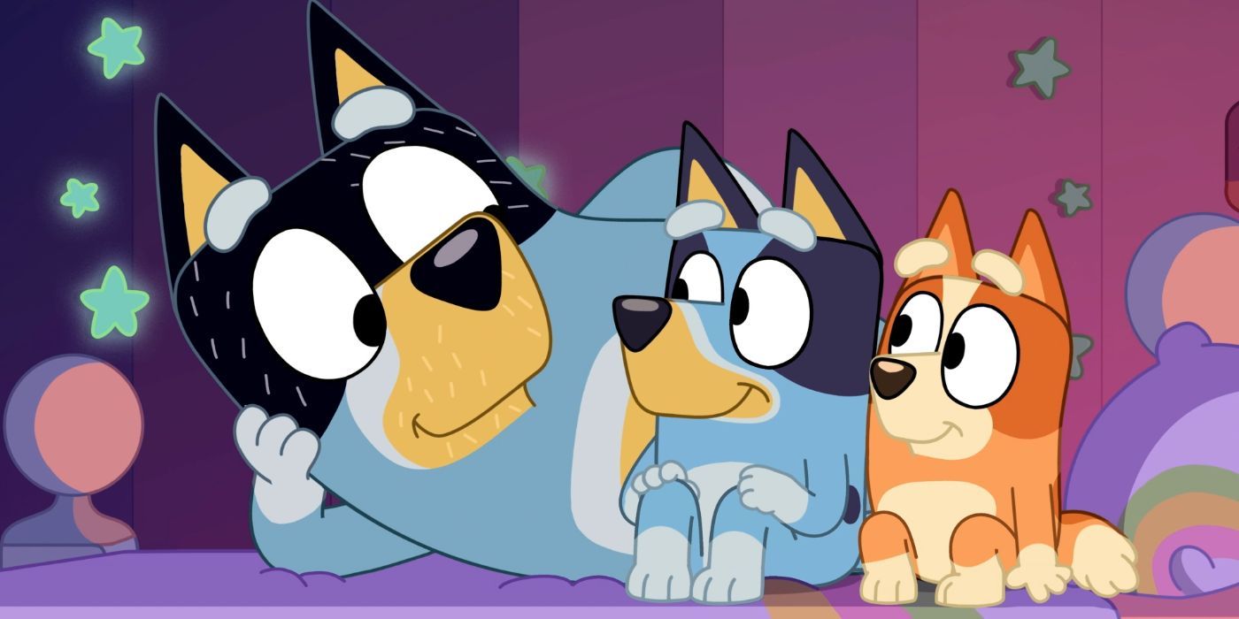Bandit talking with Bluey and Bing
